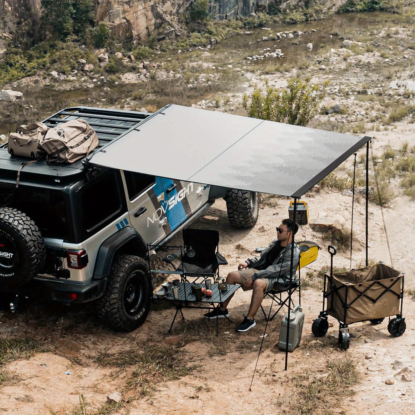 NOVSIGHT 6ft x 6ft Waterproof Retractable Vehicle Awning for Jeep/SUV/Truck - Durable 420D Oxford Cloth, Quick Installation, Mountain Print, Ideal for Camping & Outdoor Adventures