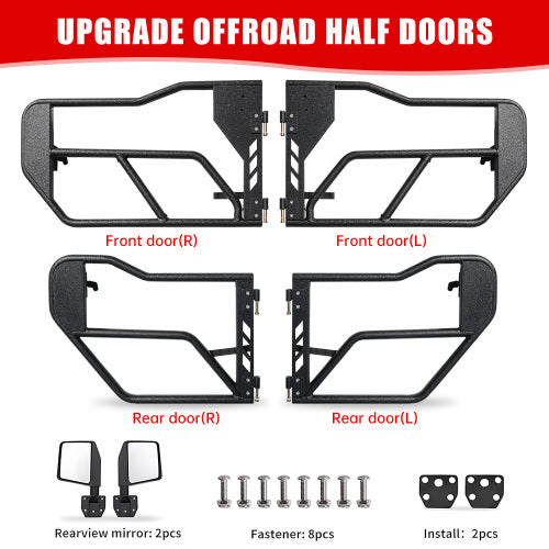 Tube Doors With Side View Mirror For 2018-2024 Wrangler JL JLU & Gladiator JT 4-Doors, Includes 4XE, 4-piece Set Off Road Summer Trail Adventure