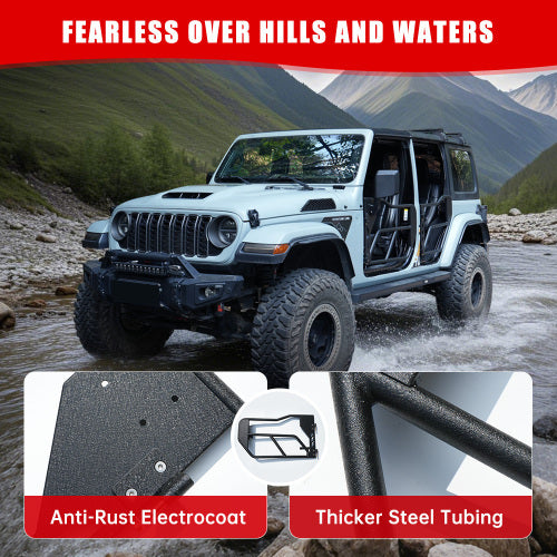 Tube Doors With Side View Mirror For 2018-2024 Wrangler JL JLU & Gladiator JT 4-Doors, Includes 4XE, 4-piece Set Off Road Summer Trail Adventure