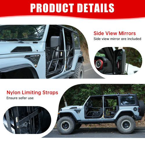 Tube Doors With Side View Mirror For 2018-2024 Wrangler JL JLU & Gladiator JT 4-Doors, Includes 4XE, 4-piece Set Off Road Summer Trail Adventure