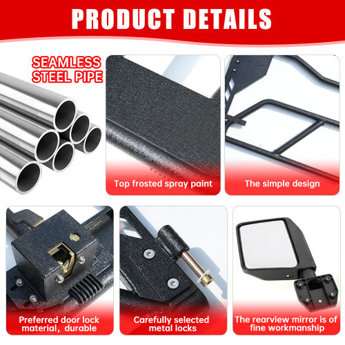 Tube Doors With Side View Mirror For 2018-2024 Wrangler JL JLU & Gladiator JT 4-Doors, Includes 4XE, 4-piece Set Off Road Summer Trail Adventure