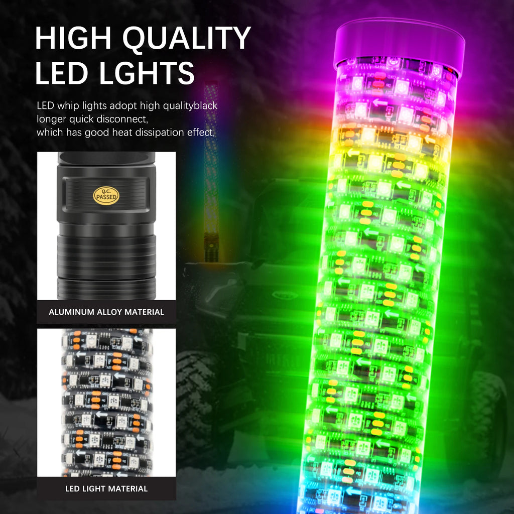 Set of 2 – 2FT Fat Colorful Spiral LED Whip Lights with Bluetooth and Remote Control, Lighted Antenna Whips for ATVs and Polaris RZR