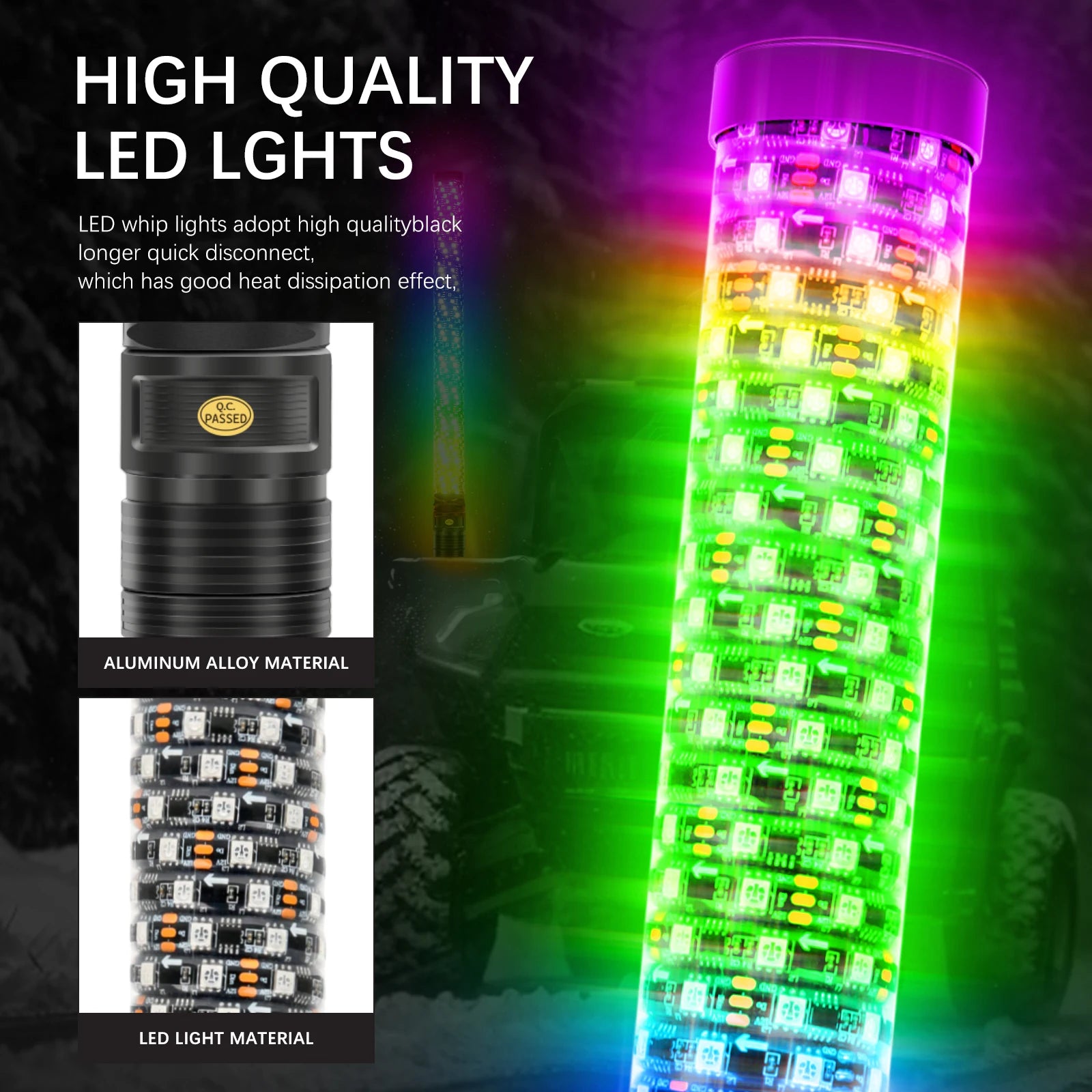 Set of 2 – 2FT Fat Colorful Spiral LED Whip Lights with Bluetooth and Remote Control, Lighted Antenna Whips for ATVs and Polaris RZR