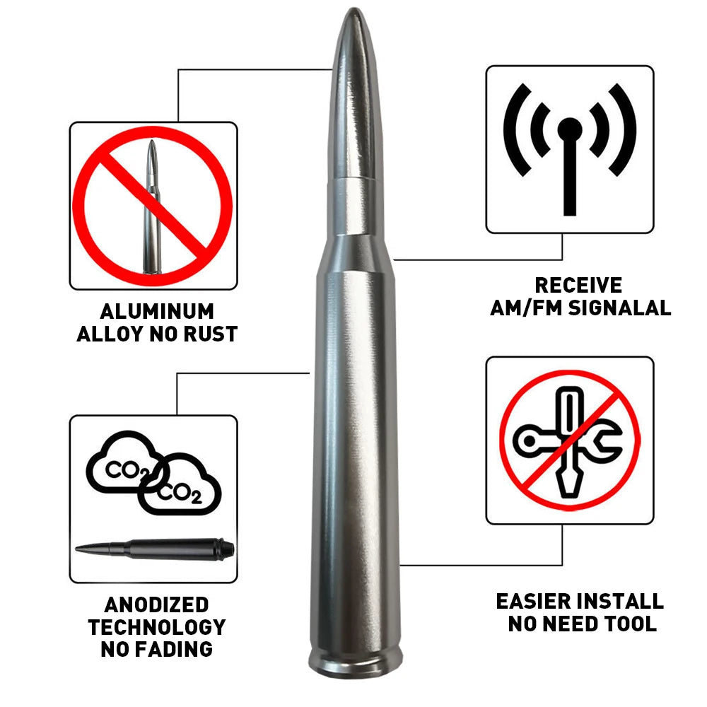 Universal Car SUV Bullet Antenna For Dodge Ram Ford F150 Raptor CRV RAV4 JEEP 50 Cal Caliber Bullet Ammo Short Aluminum Antenna
