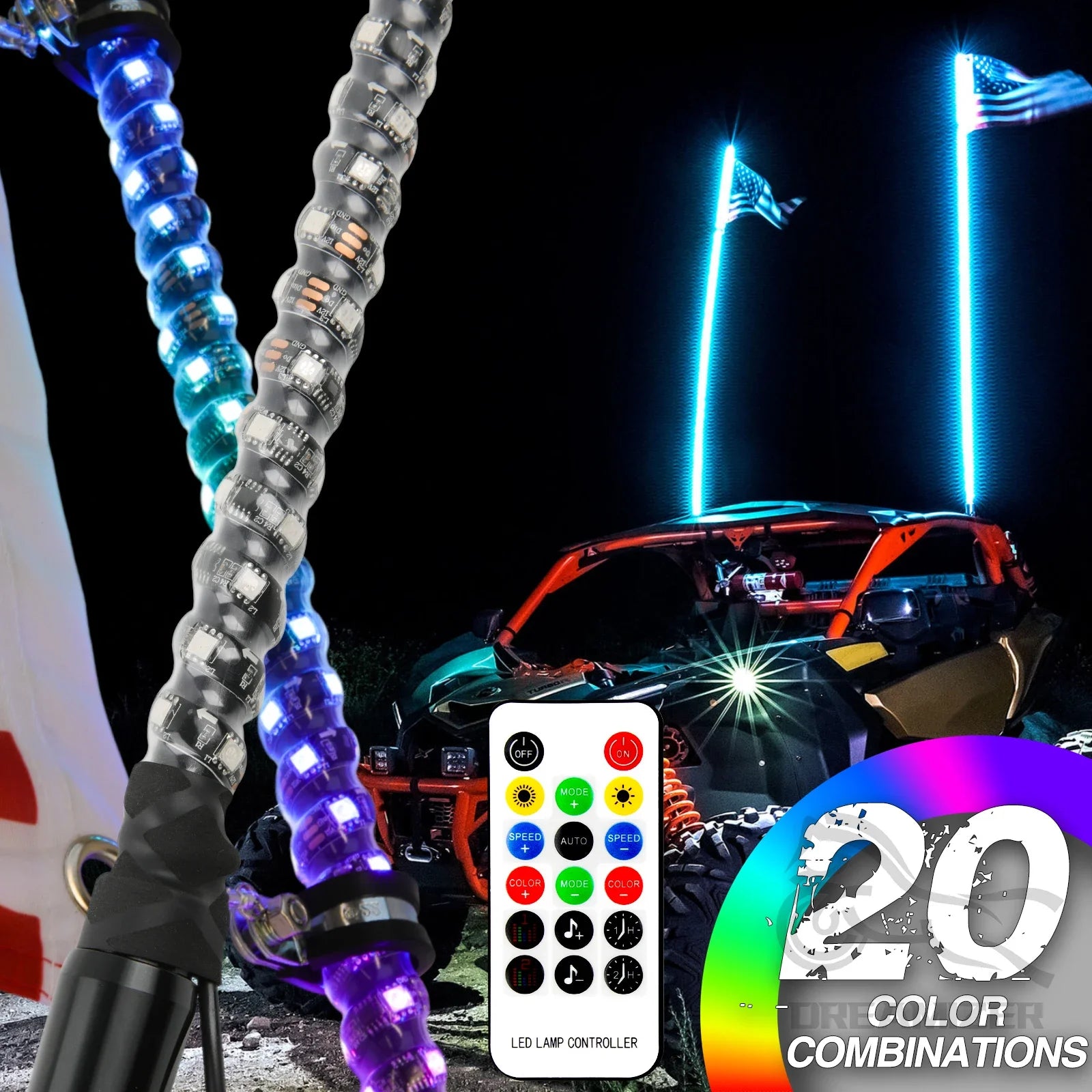Set of 2 – 3FT/4FT LED Whip Light Antennas with Bluetooth and Remote Control, Compatible with Polaris RZR and Can-Am Maverick X3