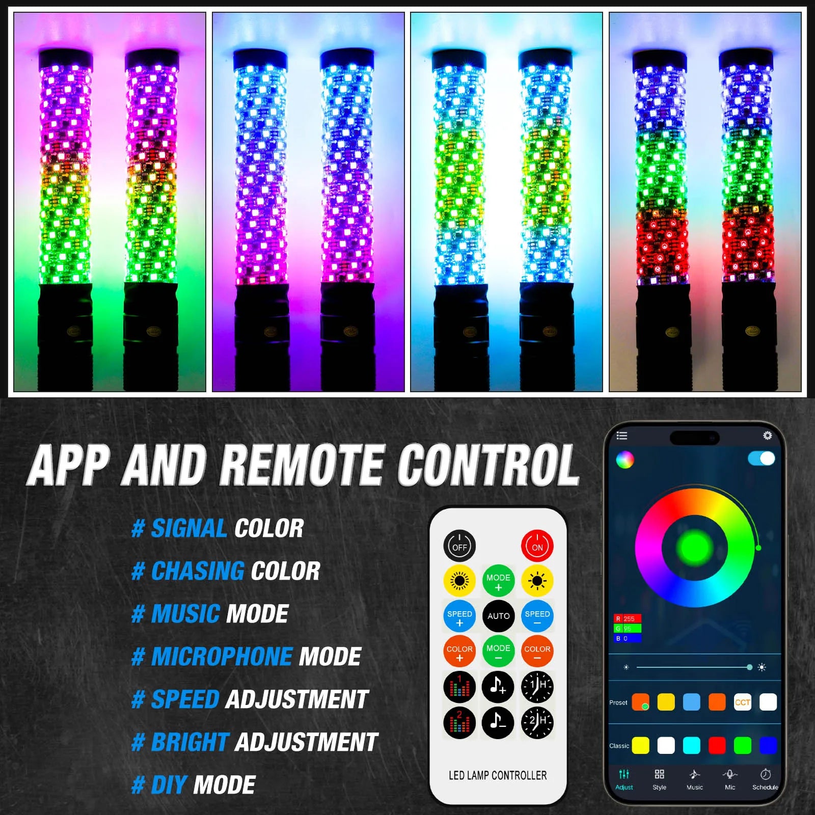 Set of 2 – 1FT / 30.5cm Fat LED Whip Light Antennas with Remote Control, Suitable for UTVs, ATVs, Off-Road Trucks, Sand Buggies, and RZR Models