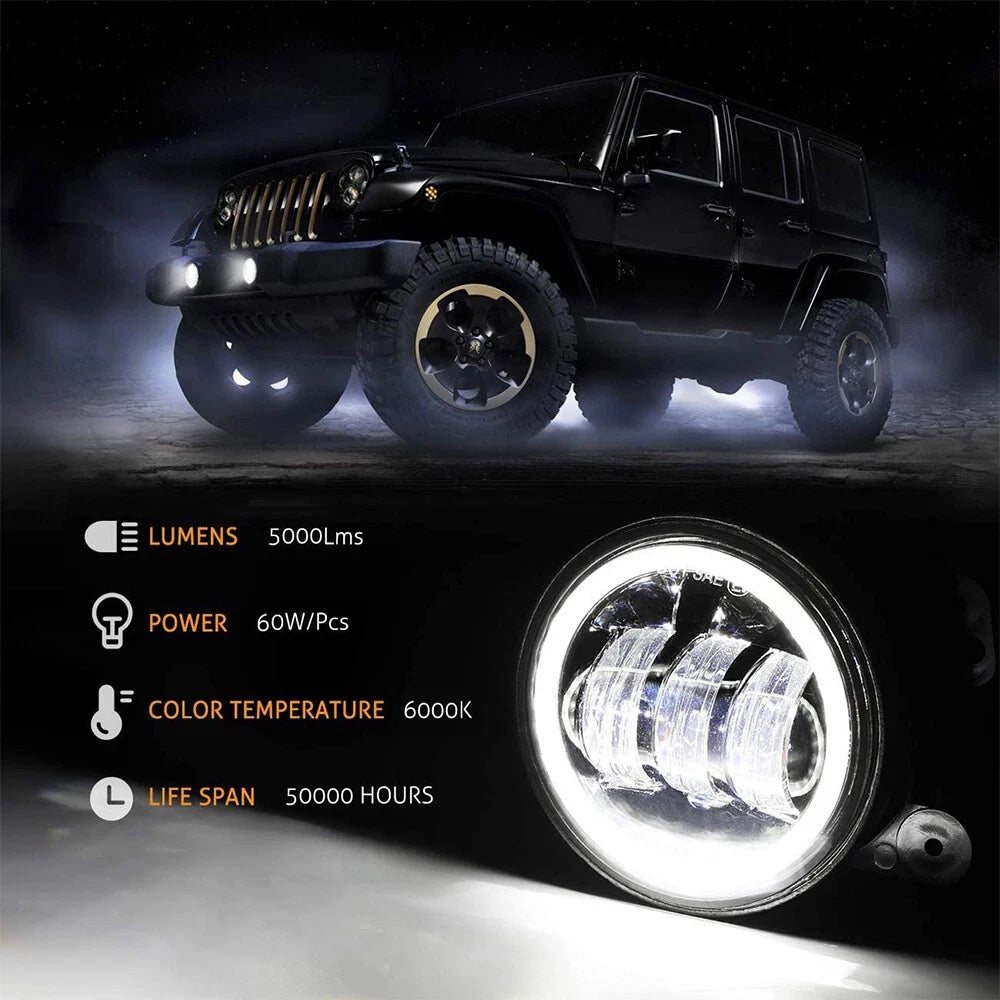 4 Inch LED Fog Lights With White Halo Ring DRL Amber Turn Signal Lamp For Jeep Wrangler JK TJ