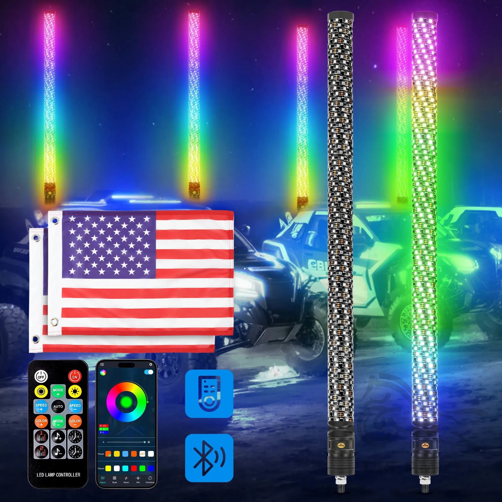 Pair of 3FT LED Whip Lights with Remote Control for UTV/ATV, Off-Road Trucks, Sand Rails, Dune Buggies, and RZR – Includes Flagpole Antenna Whips