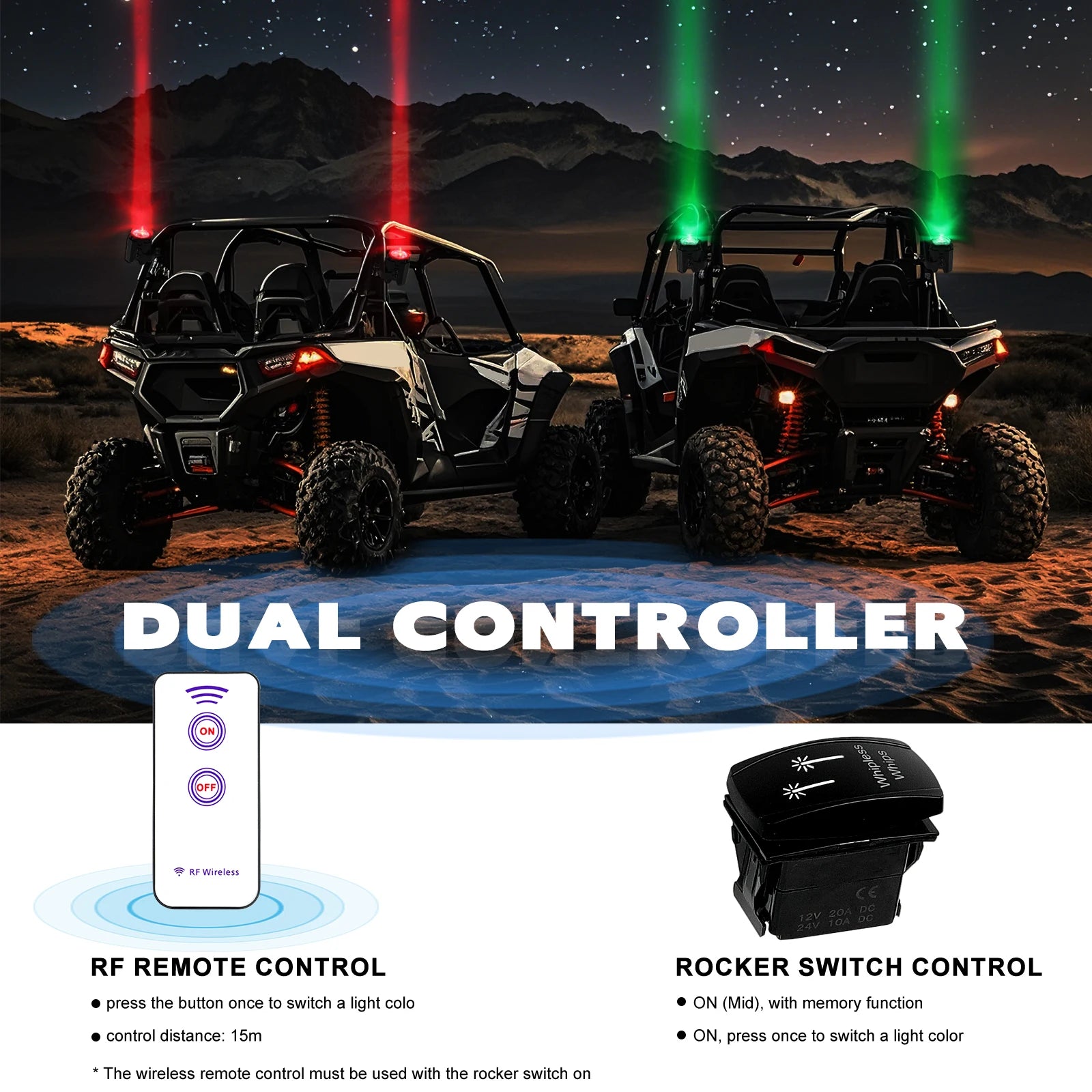 Set of 2 – 3-Inch Spot RGBW LED Whip Lights with Remote Control, Whipless Antenna Style, Compatible with Can-Am Maverick X3 Max UTVs