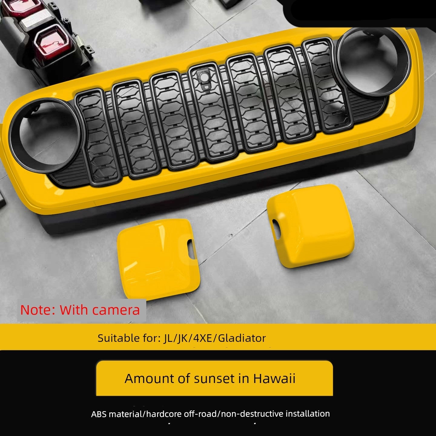 Yellow and black off-road bumper set on a gray floor with text indicating compatibility and material details.