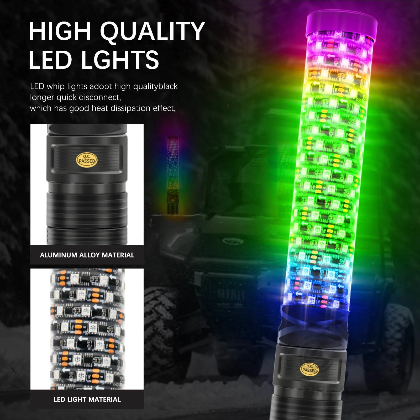 Set of 2 – 1FT / 30.5cm Fat LED Whip Light Antennas with Remote Control, Suitable for UTVs, ATVs, Off-Road Trucks, Sand Buggies, and RZR Models