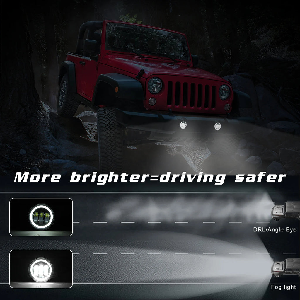 4 Inch LED Fog Lights With White Halo Ring DRL Amber Turn Signal Lamp For Jeep Wrangler JK TJ