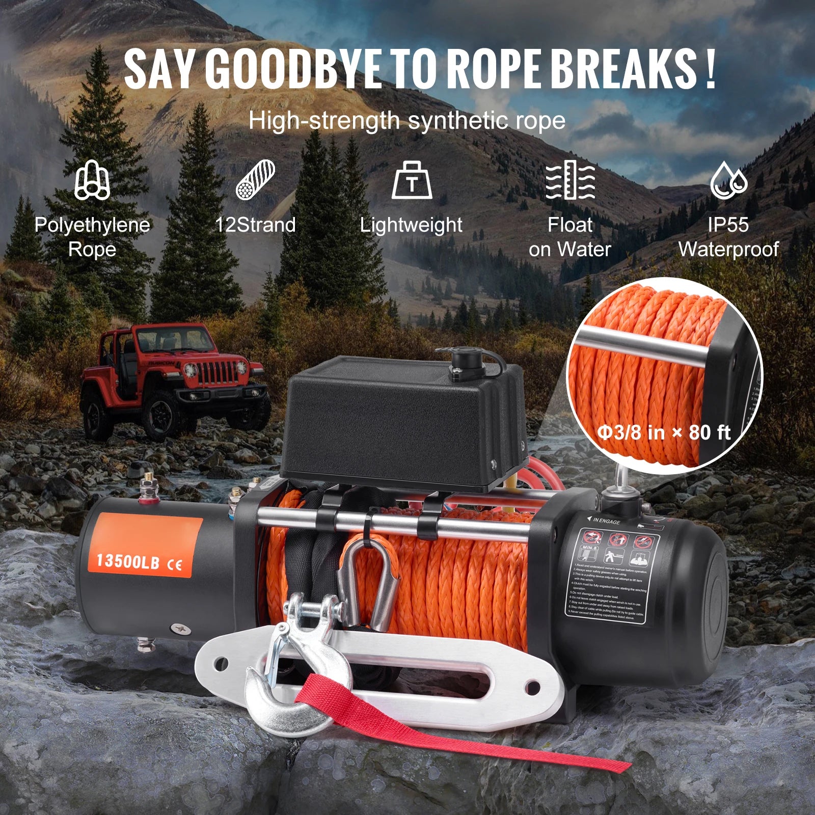 SucceBuy 13500lbs Electric Winch Car Truck Winch with 80ft Synthetic Rope Wireless&Wired Remote Control for Towing Off-Road SUV