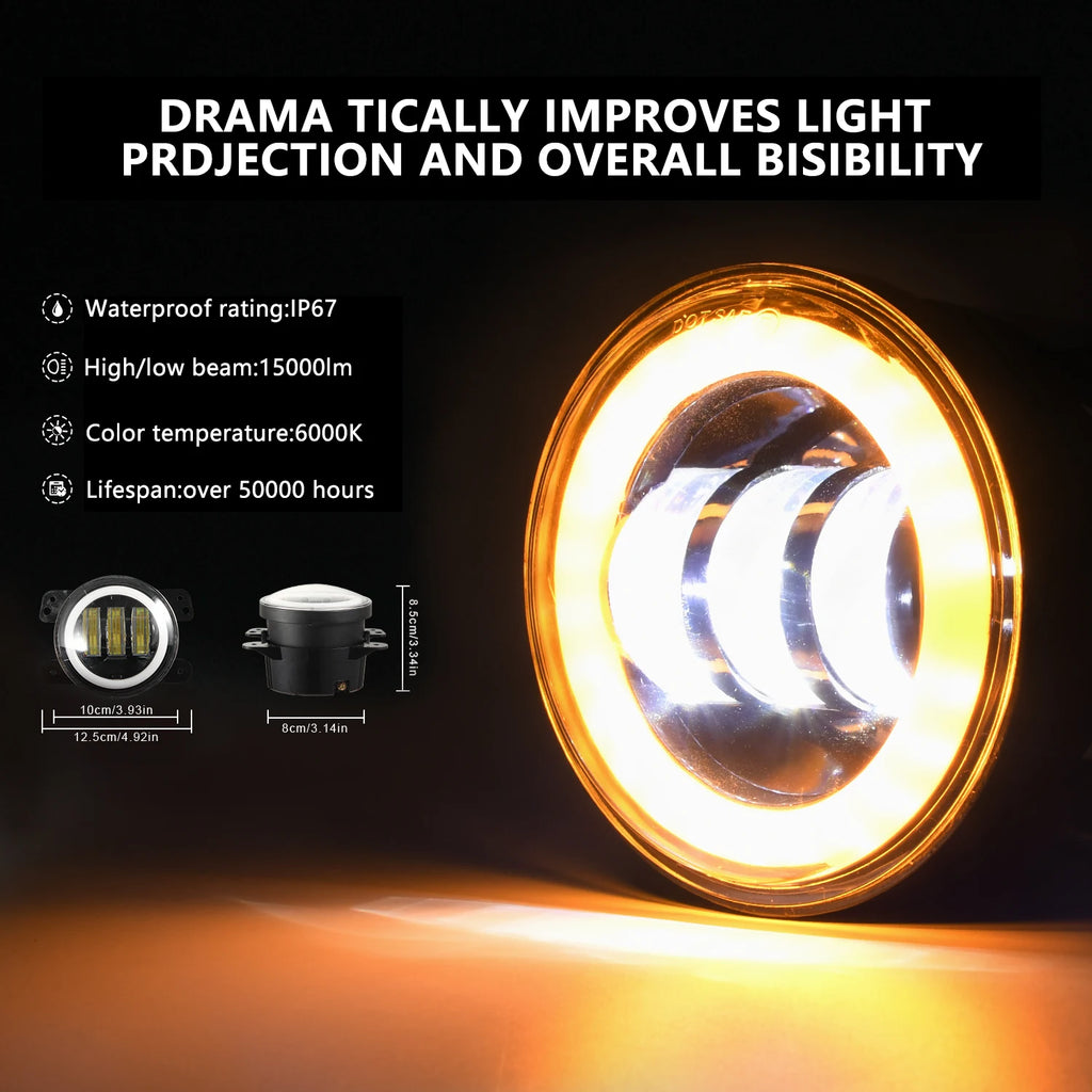 4 Inch LED Fog Lights With White Halo Ring DRL Amber Turn Signal Lamp For Jeep Wrangler JK TJ