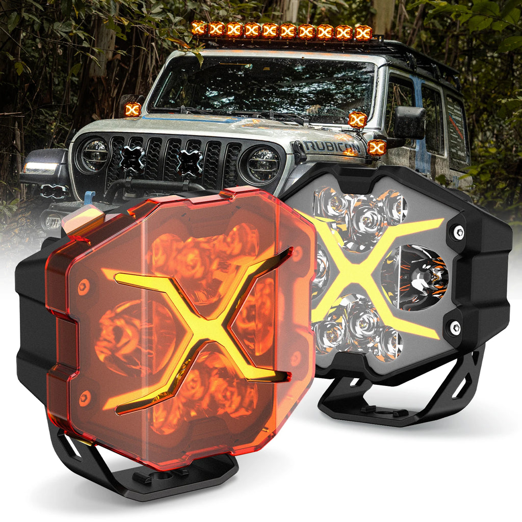 4 Inch LED Pods X Series Off Road Driving Light with Yellow DRL Pod Lights Drive Beam with Amber Cover Off-road Fog Lights