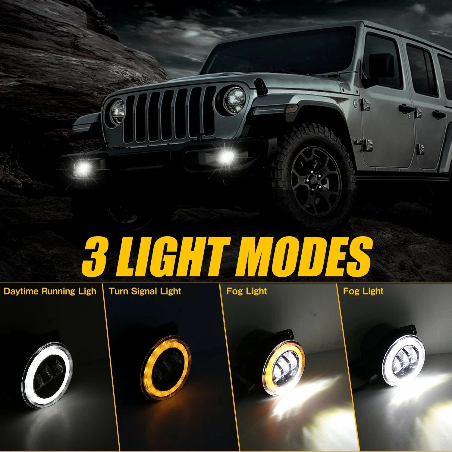 4 Inch LED Fog Lights With White Halo Ring DRL Amber Turn Signal Lamp For Jeep Wrangler JK TJ