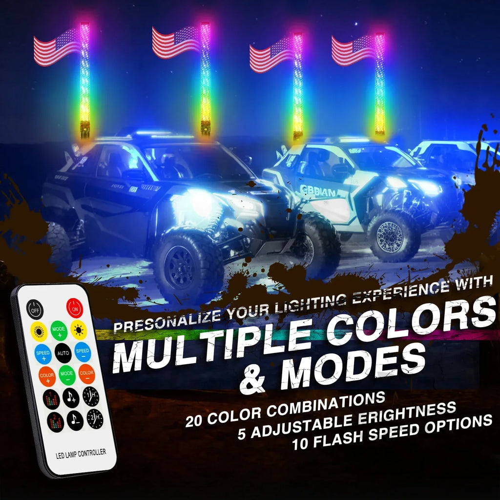 Set of 2 – 2FT Fat Colorful Spiral LED Whip Lights with Bluetooth and Remote Control, Lighted Antenna Whips for ATVs and Polaris RZR