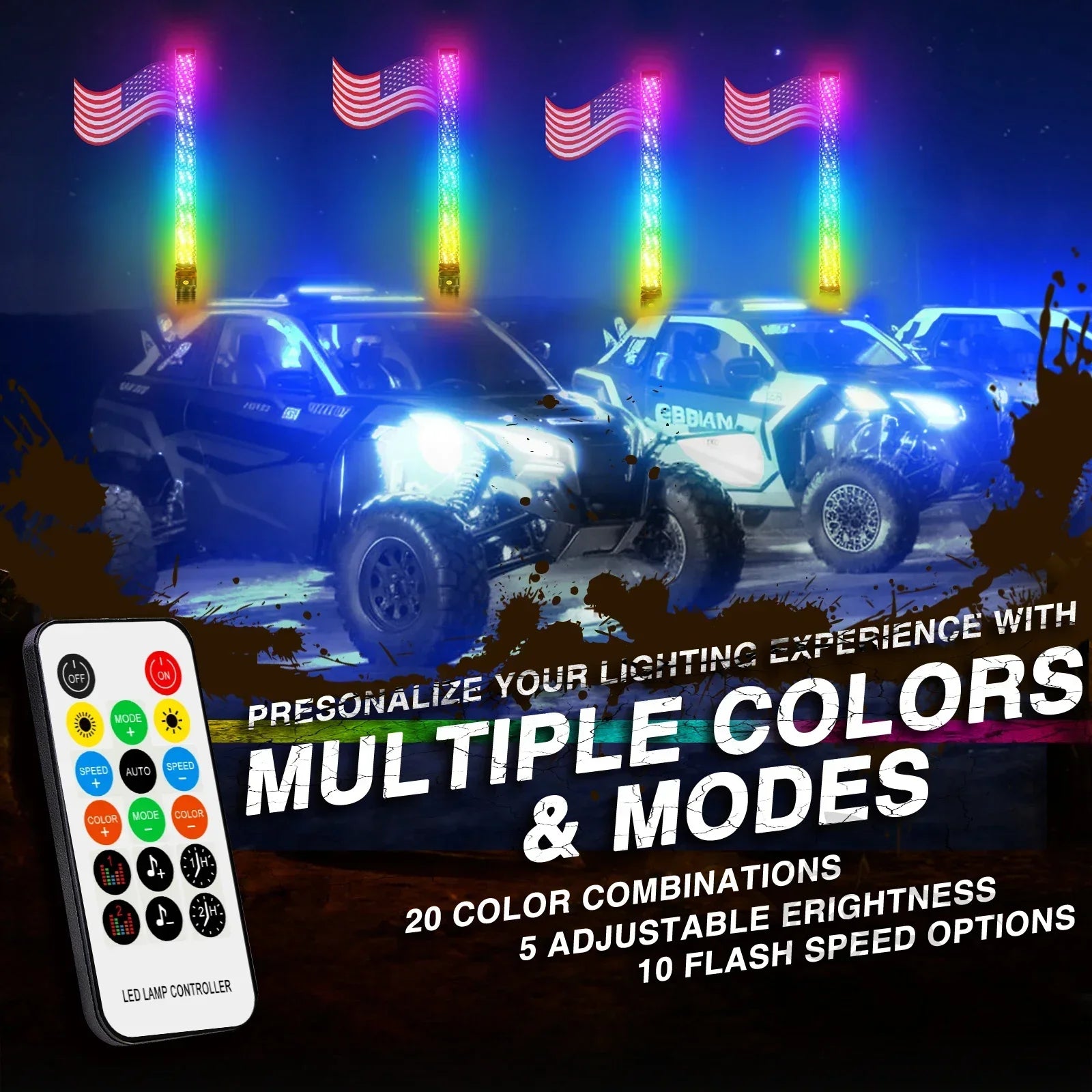 Set of 2 – 2FT Fat Colorful Spiral LED Whip Lights with Bluetooth and Remote Control, Lighted Antenna Whips for ATVs and Polaris RZR