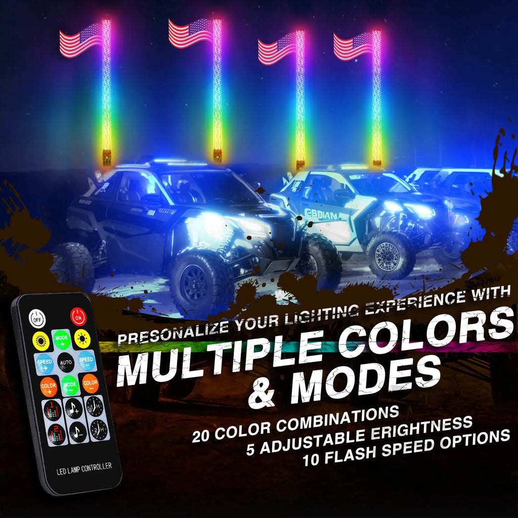 Pair of 3FT LED Whip Lights with Remote Control for UTV/ATV, Off-Road Trucks, Sand Rails, Dune Buggies, and RZR – Includes Flagpole Antenna Whips