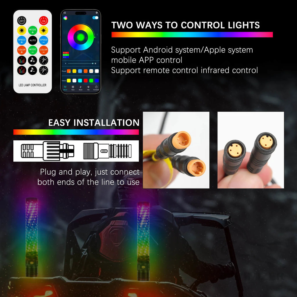 Set of 2 – 1FT / 30.5cm Fat LED Whip Light Antennas with Remote Control, Suitable for UTVs, ATVs, Off-Road Trucks, Sand Buggies, and RZR Models