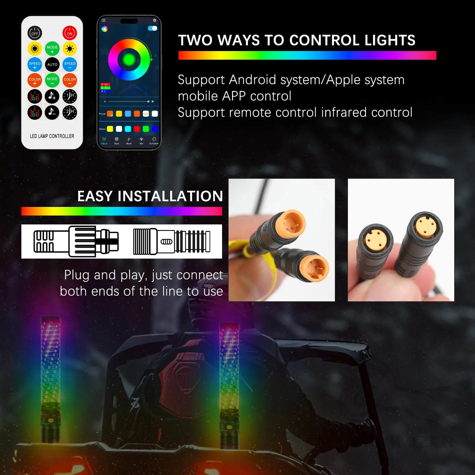 Set of 2 – 1FT / 30.5cm Fat LED Whip Light Antennas with Remote Control, Suitable for UTVs, ATVs, Off-Road Trucks, Sand Buggies, and RZR Models