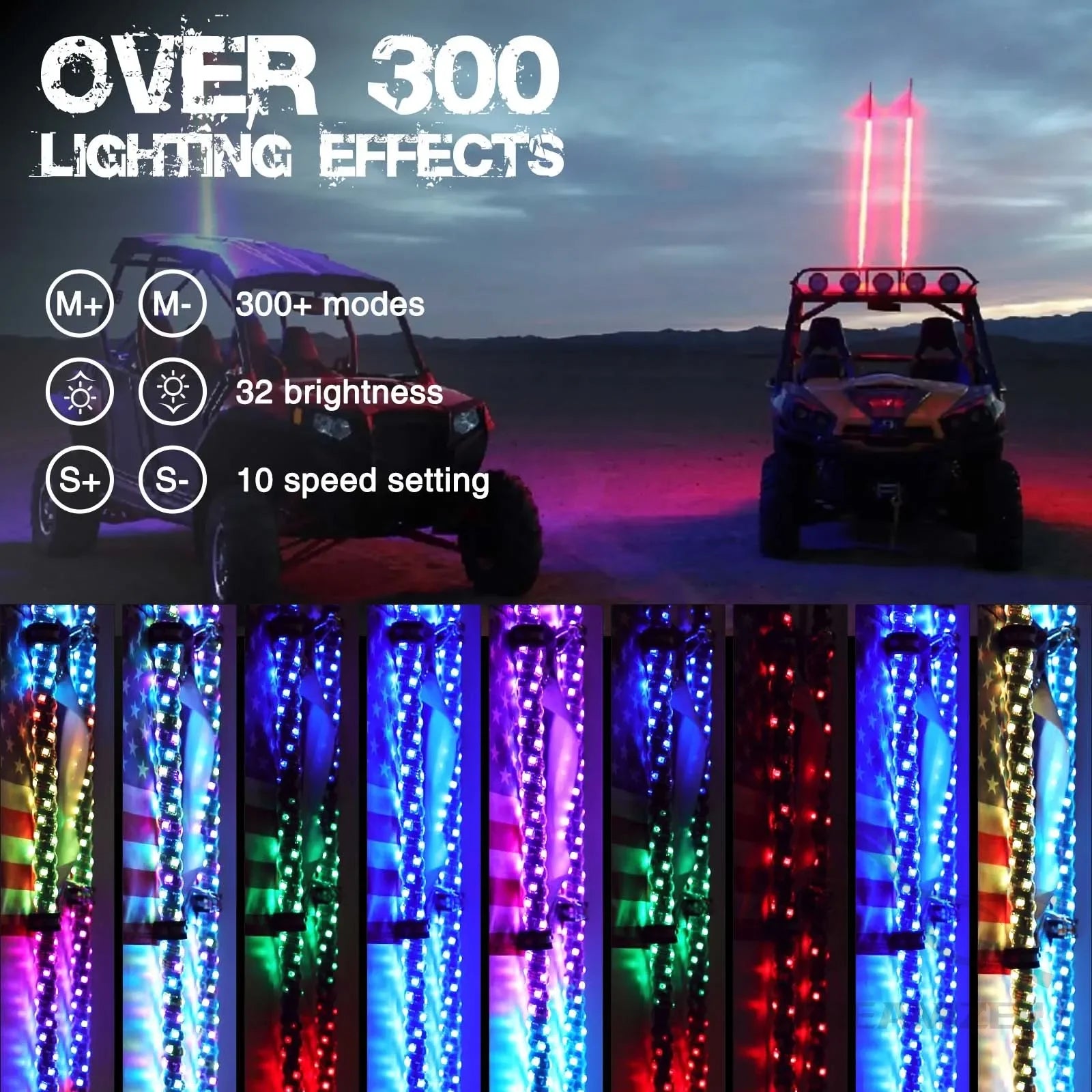 Set of 2 – 3FT/4FT LED Whip Light Antennas with Bluetooth and Remote Control, Compatible with Polaris RZR and Can-Am Maverick X3