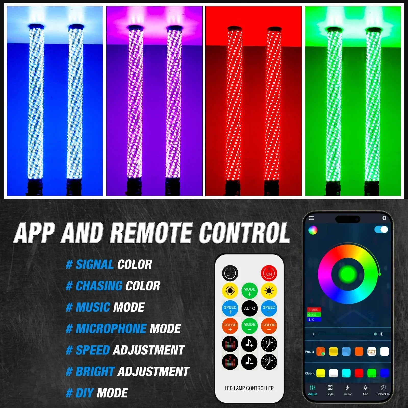 Set of 2 – 2FT Fat Colorful Spiral LED Whip Lights with Bluetooth and Remote Control, Lighted Antenna Whips for ATVs and Polaris RZR