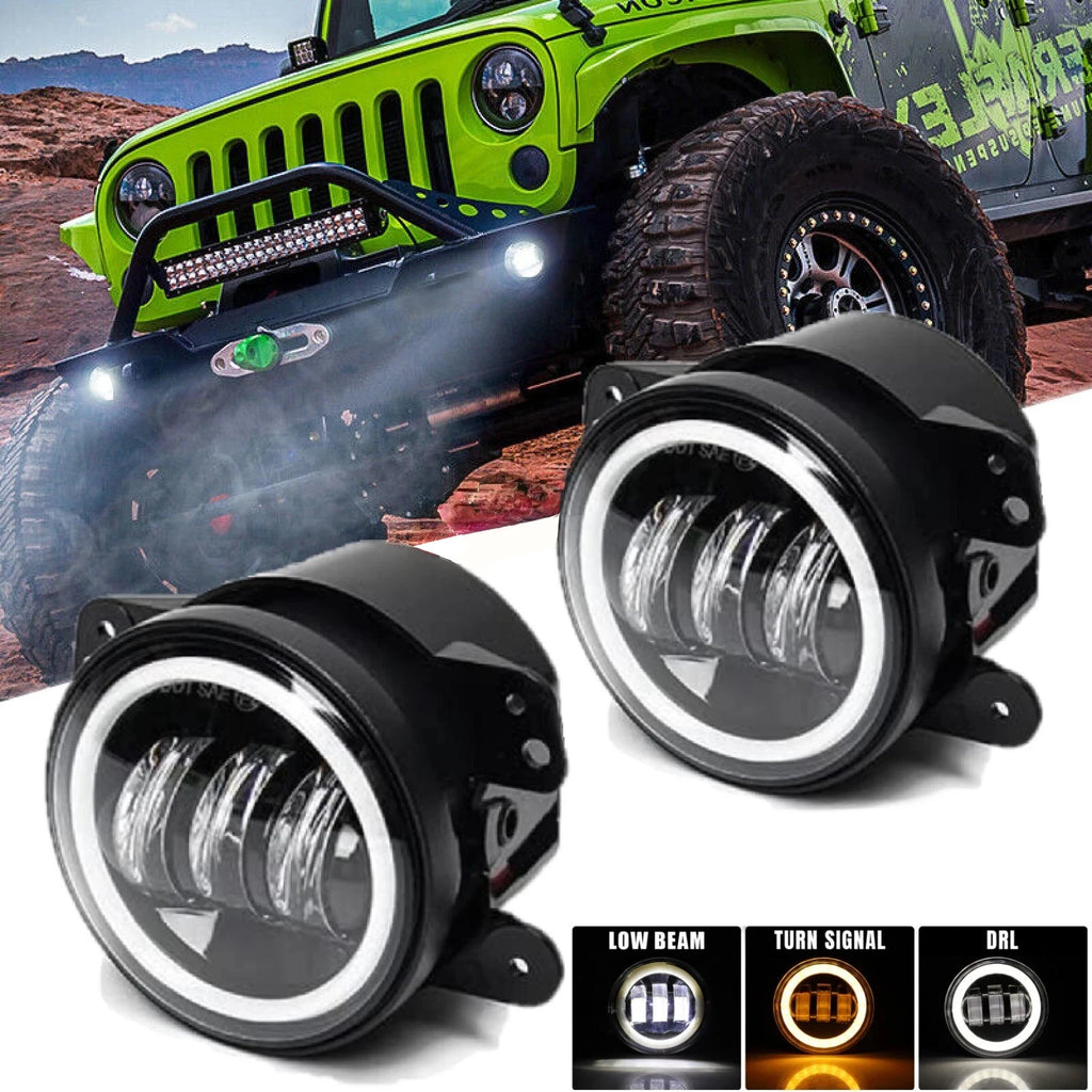 4 Inch LED Fog Lights With White Halo Ring DRL Amber Turn Signal Lamp For Jeep Wrangler JK TJ
