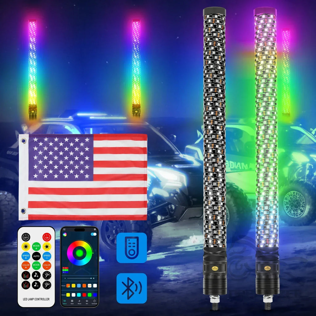 Set of 2 – 2FT Fat Colorful Spiral LED Whip Lights with Bluetooth and Remote Control, Lighted Antenna Whips for ATVs and Polaris RZR
