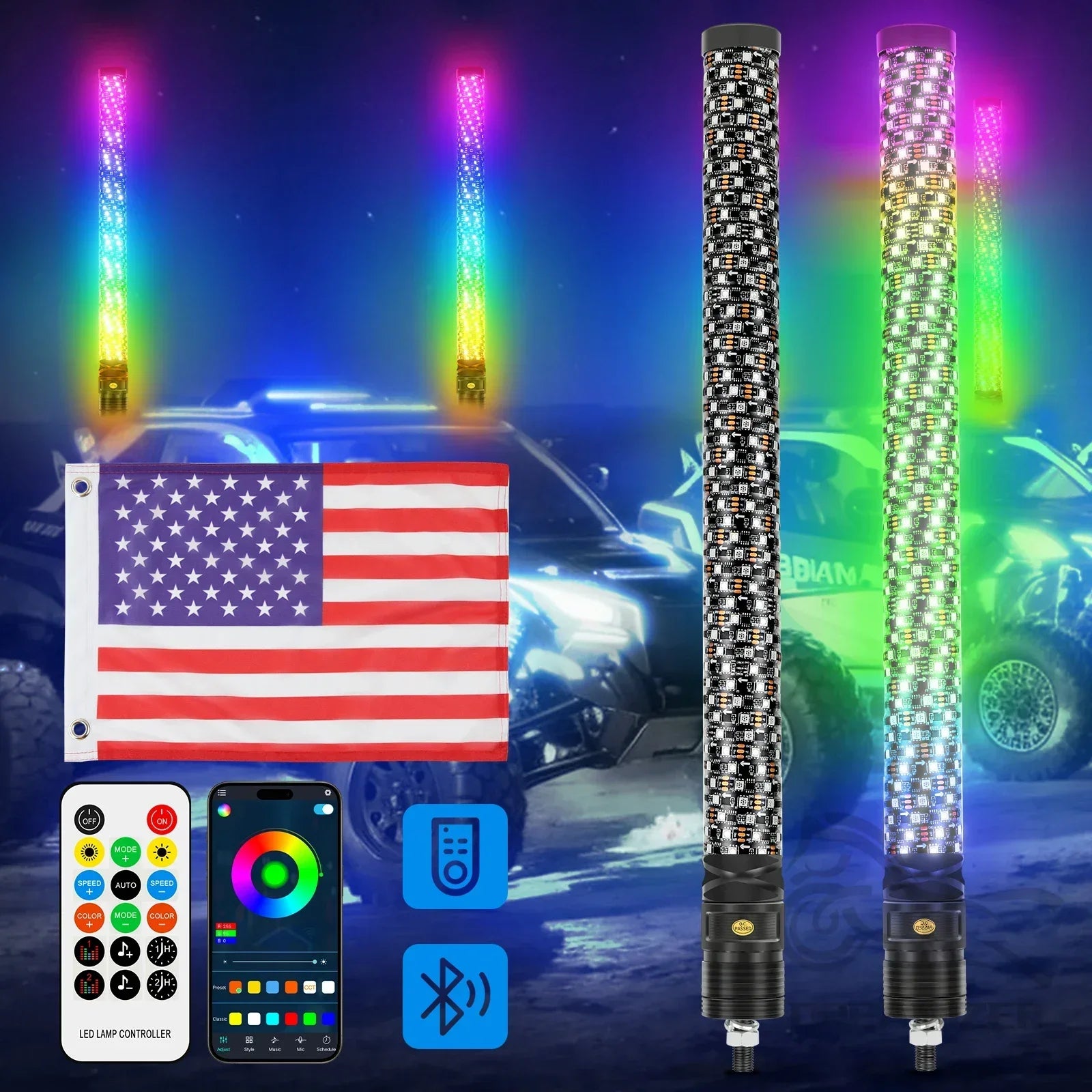 Set of 2 – 2FT Fat Colorful Spiral LED Whip Lights with Bluetooth and Remote Control, Lighted Antenna Whips for ATVs and Polaris RZR
