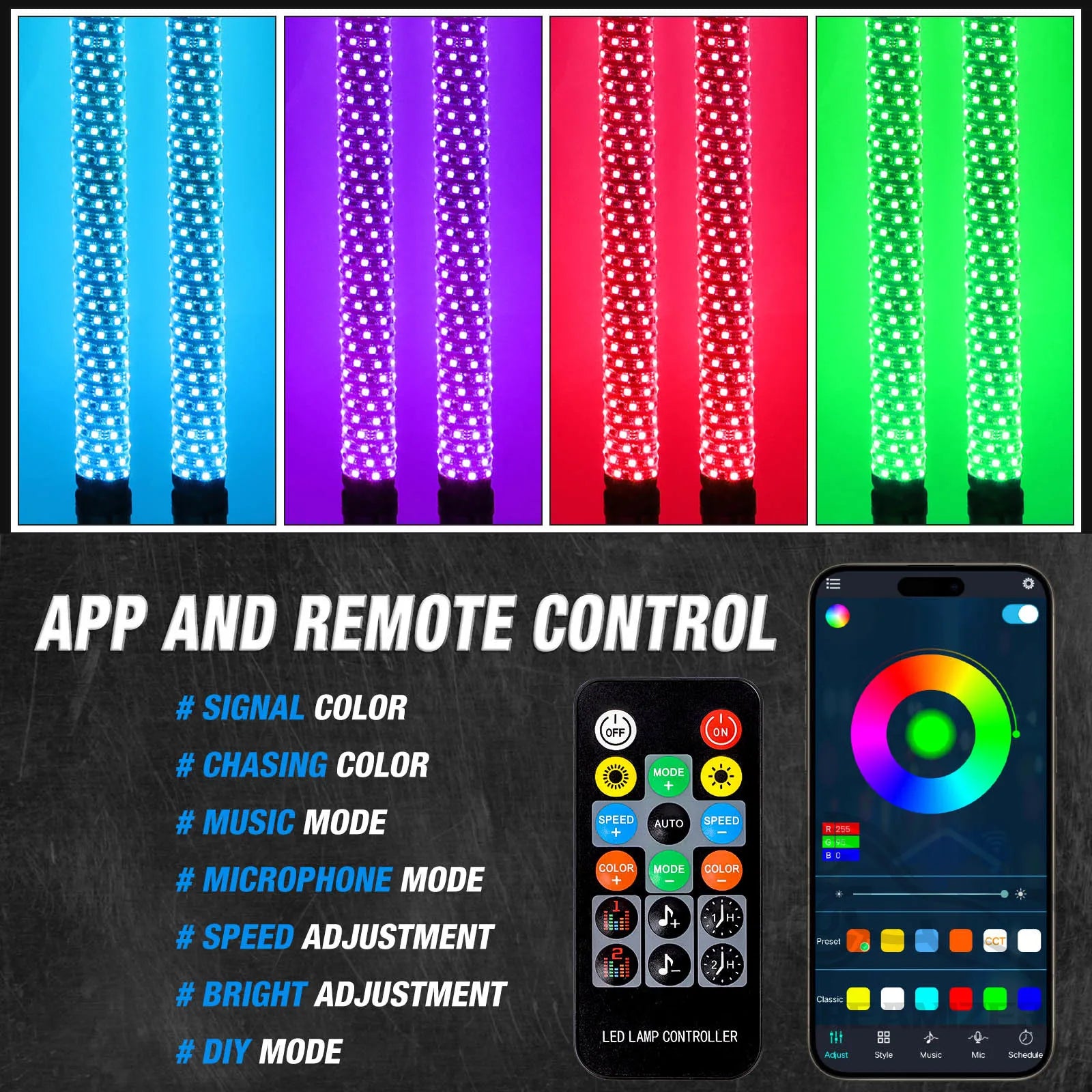 Pair of 3FT LED Whip Lights with Remote Control for UTV/ATV, Off-Road Trucks, Sand Rails, Dune Buggies, and RZR – Includes Flagpole Antenna Whips