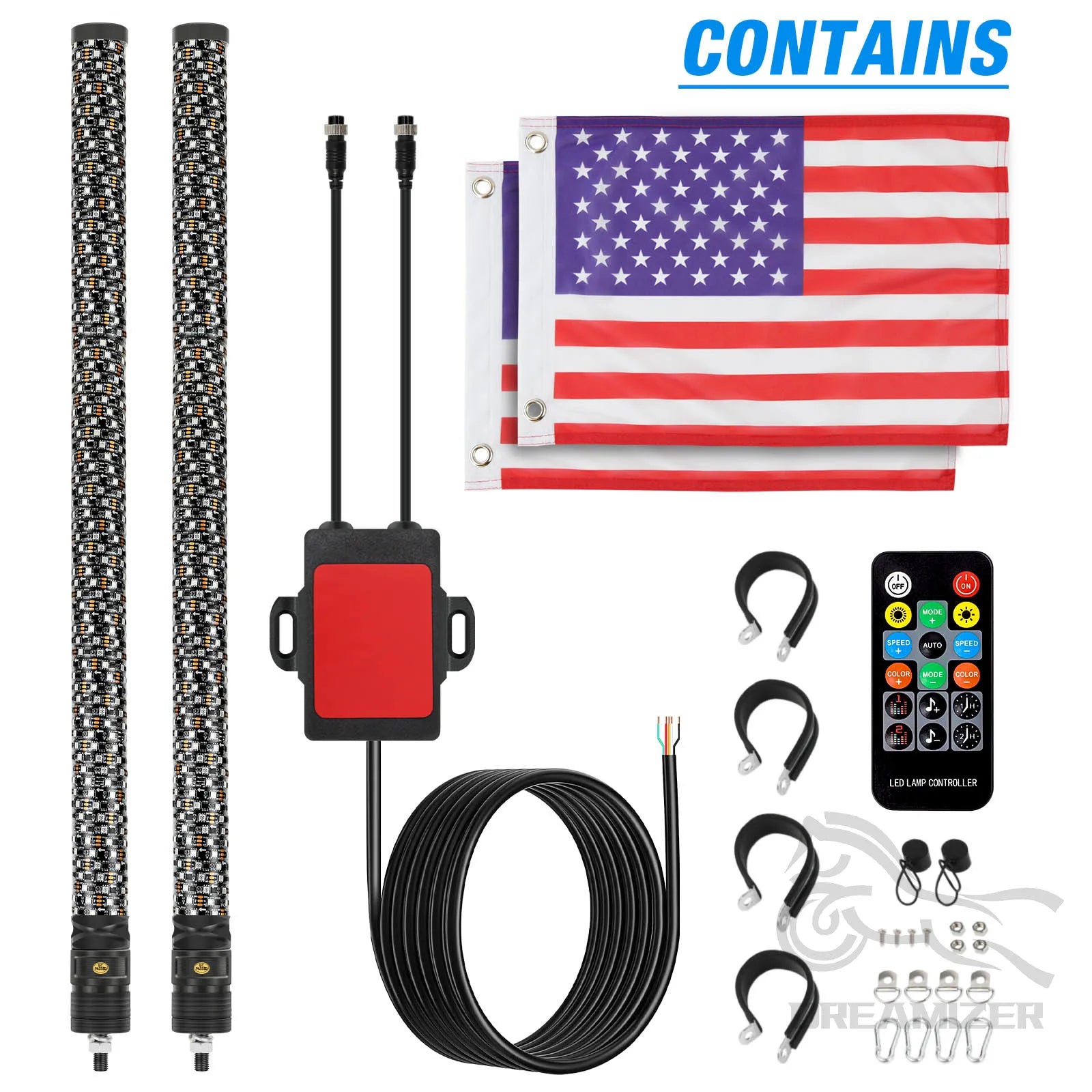 Pair of 3FT LED Whip Lights with Remote Control for UTV/ATV, Off-Road Trucks, Sand Rails, Dune Buggies, and RZR – Includes Flagpole Antenna Whips