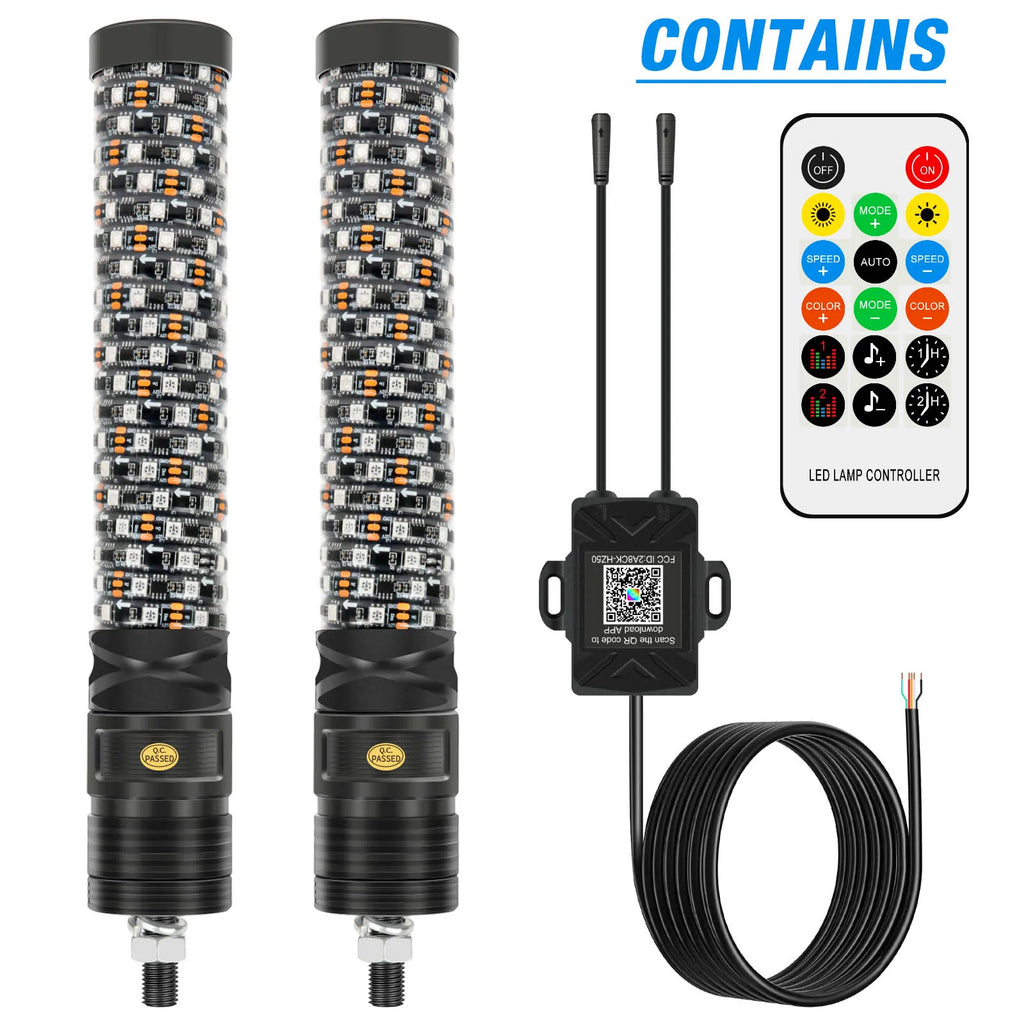 Set of 2 – 1FT / 30.5cm Fat LED Whip Light Antennas with Remote Control, Suitable for UTVs, ATVs, Off-Road Trucks, Sand Buggies, and RZR Models