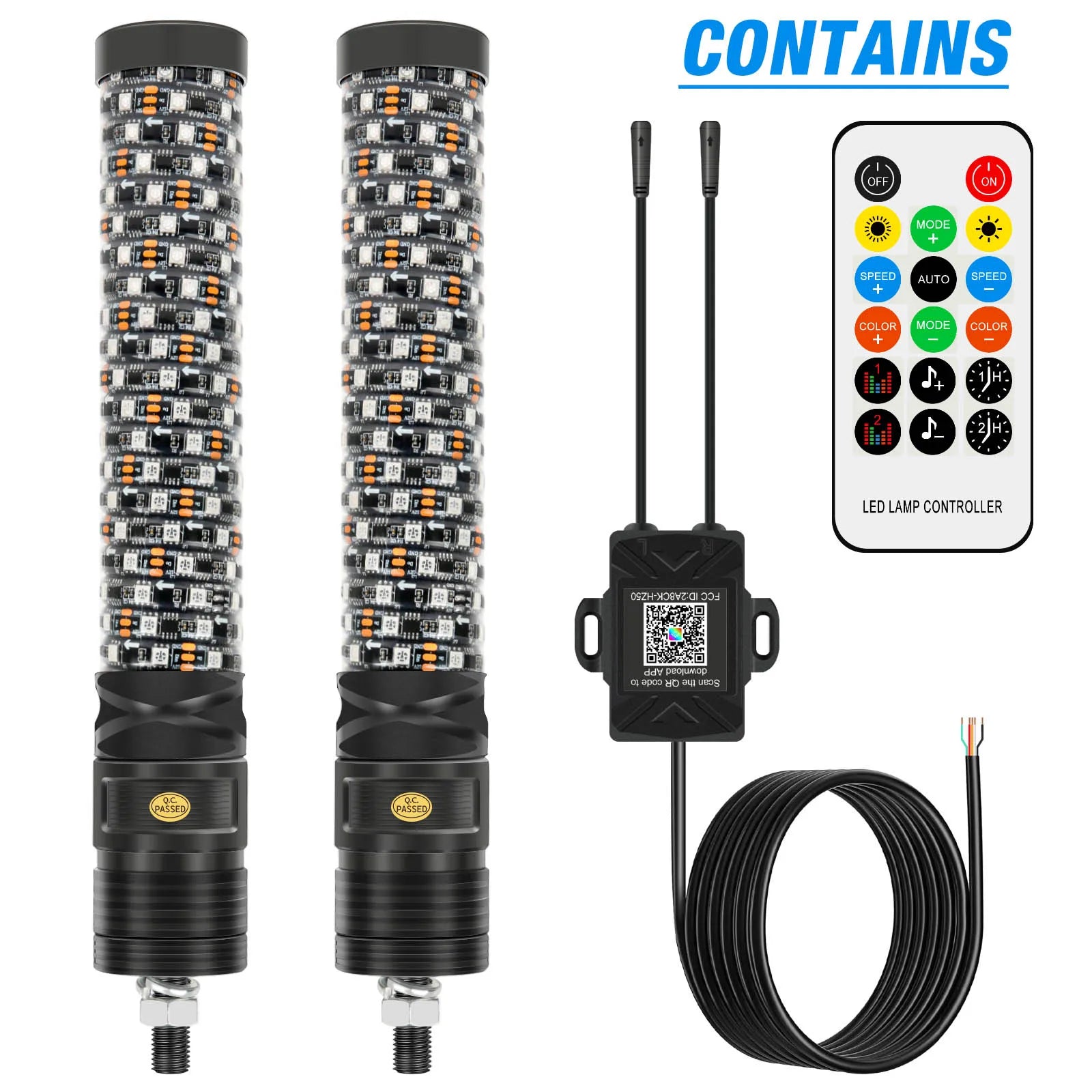 Set of 2 – 1FT / 30.5cm Fat LED Whip Light Antennas with Remote Control, Suitable for UTVs, ATVs, Off-Road Trucks, Sand Buggies, and RZR Models