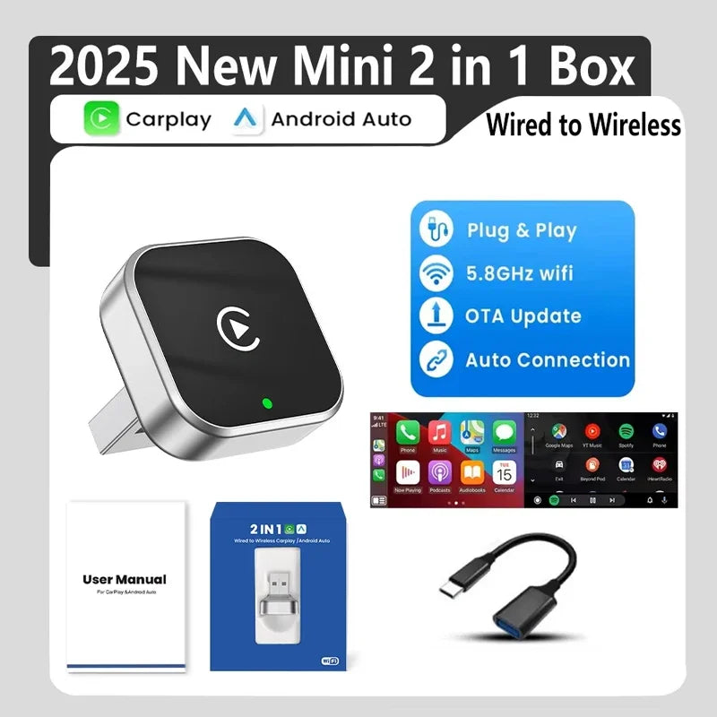2 in 1 Car Wireless CarPlay Adapter & Android Auto Adapter Type-C/USB Fast Connection Wired to Wireless for iPhone/Android