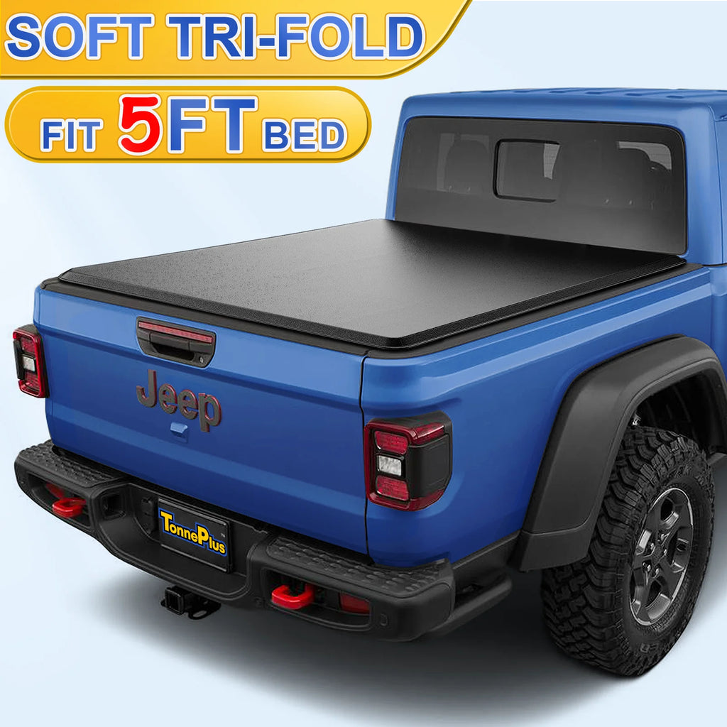 TonnePlus Soft Tri-Fold Tonneau Cover Truck Bed Covers for 2020-2024 Gladiator JT 5FT Bed w/ Lamp Lightning | 5' (60.3") Bed