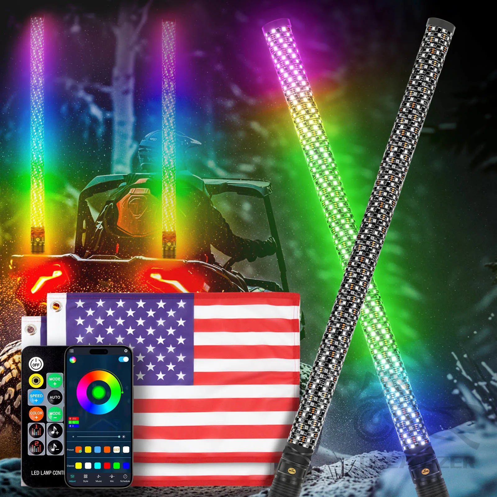 Pair of 3FT LED Whip Lights with Remote Control for UTV/ATV, Off-Road Trucks, Sand Rails, Dune Buggies, and RZR – Includes Flagpole Antenna Whips