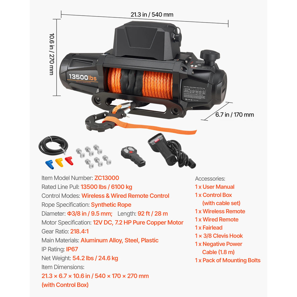 10000/13500 lbs Electric Winch with 90 ft Synthetic Rope