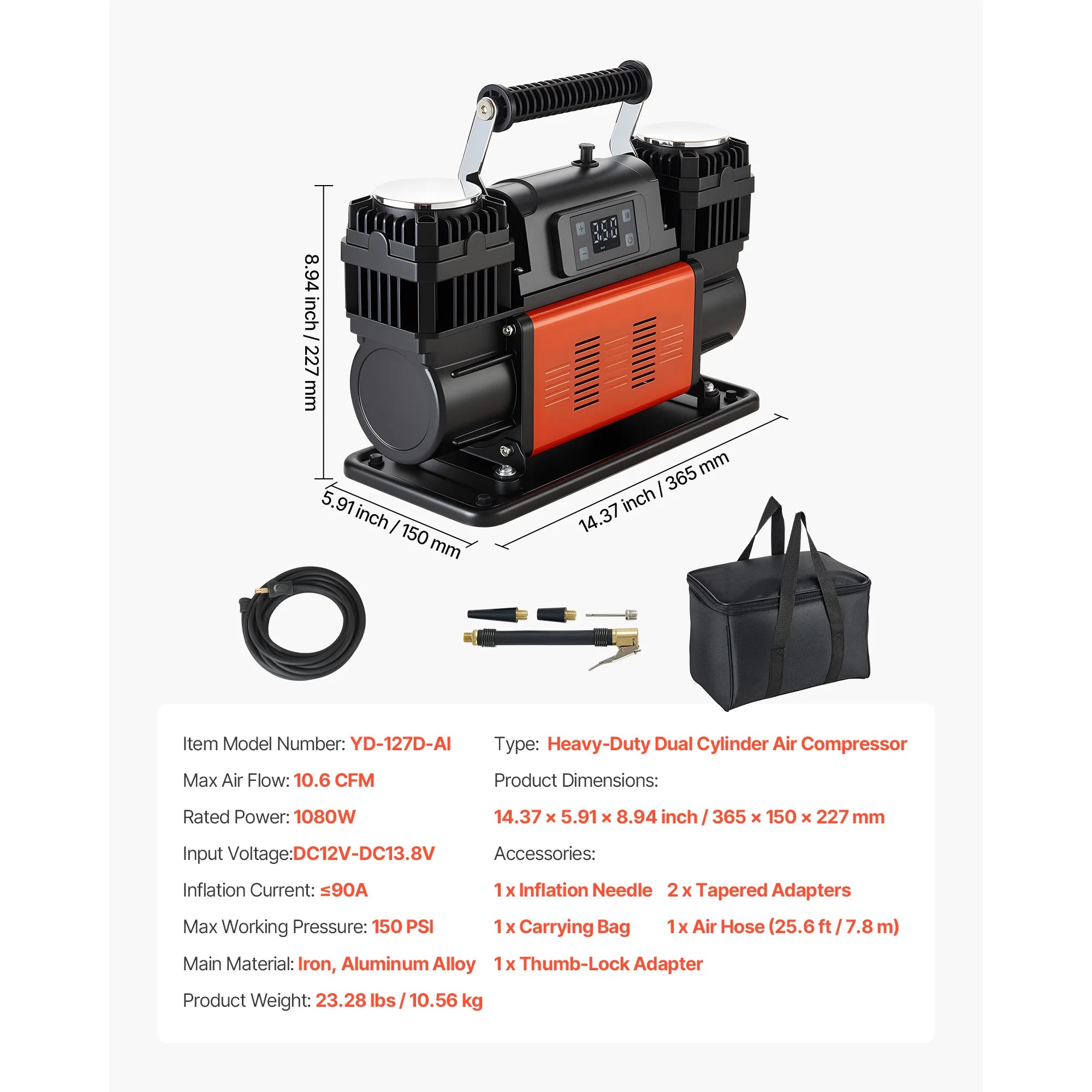 Dual-Cylinder Heavy Duty Air Compressor 10.6 CFM Auto-Stop