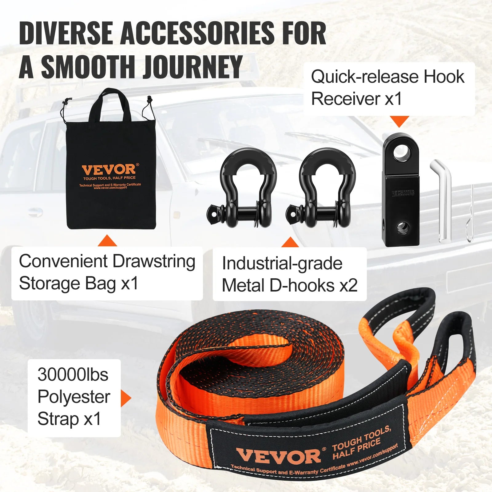 SucceBuy 3in x 30ft Off-Road Winch Recovery Kit with 30000Lbs Tow Strap 44092Lbs D-Ring Shackle&Receiver for ATV Jeeps Vehicles