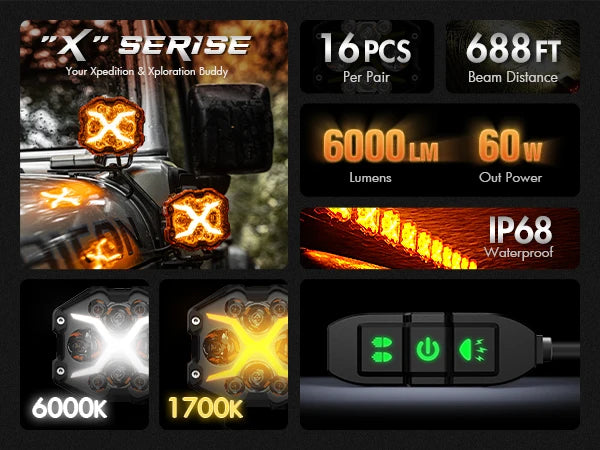 4 Inch LED Pods X Series Off Road Driving Light with Yellow DRL Pod Lights Drive Beam with Amber Cover Off-road Fog Lights