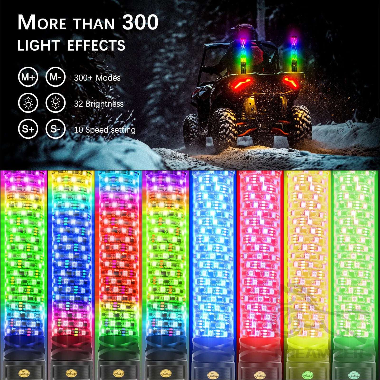 Set of 2 – 1FT / 30.5cm Fat LED Whip Light Antennas with Remote Control, Suitable for UTVs, ATVs, Off-Road Trucks, Sand Buggies, and RZR Models