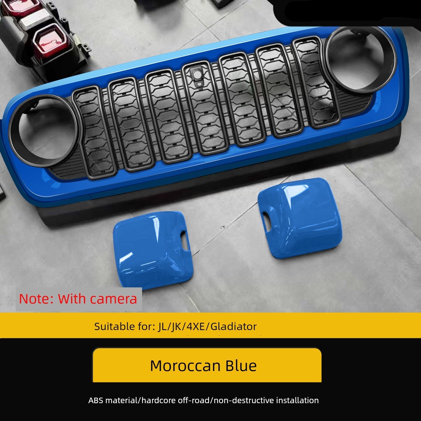 Blue car grille with ABS material on a gray surface, suitable for Jeep models.