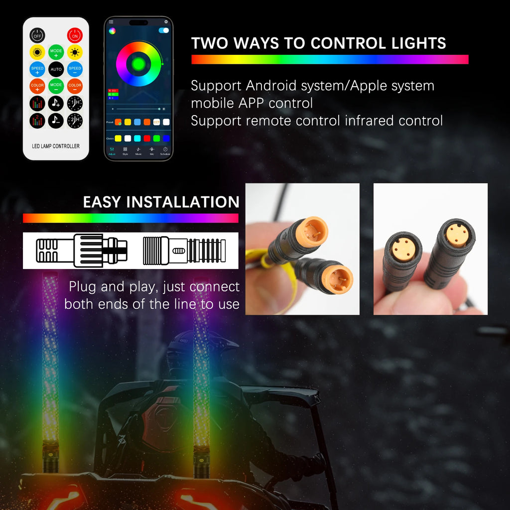 Set of 2 – 2FT Fat Colorful Spiral LED Whip Lights with Bluetooth and Remote Control, Lighted Antenna Whips for ATVs and Polaris RZR