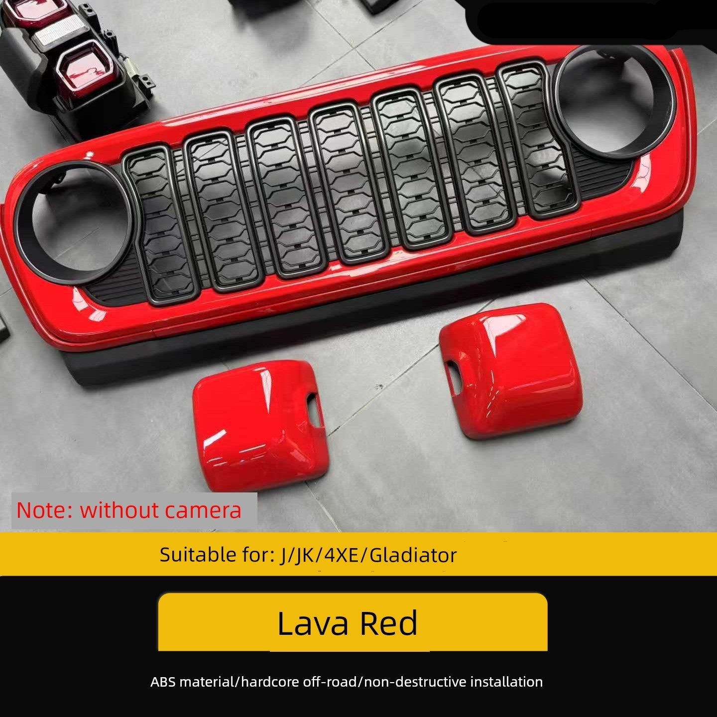 Red off-road bumper with two red covers on a gray surface, suitable for Jeep models.