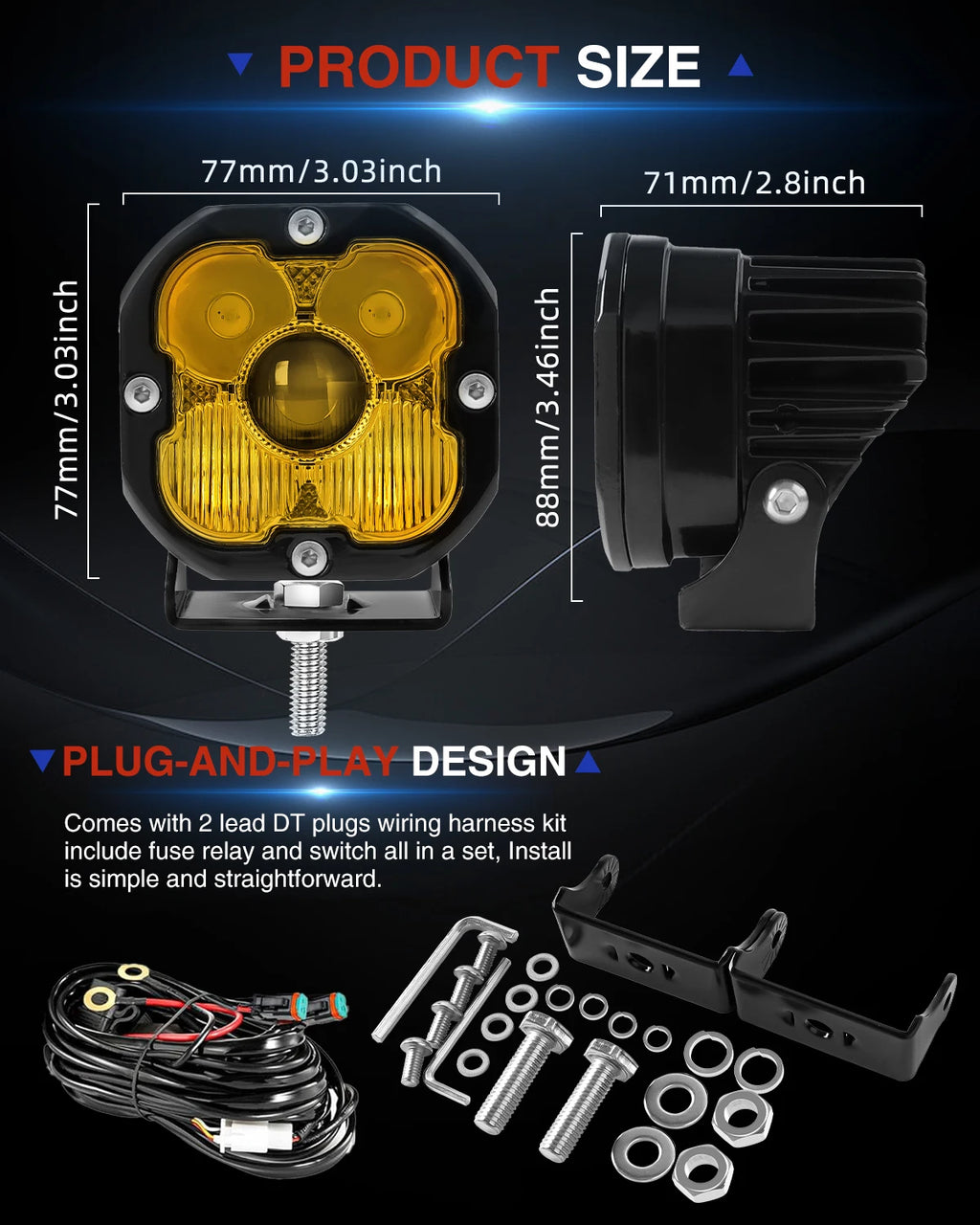 3 inch Yellow LED Fog Light Pods for Jeep Offroad Trucks