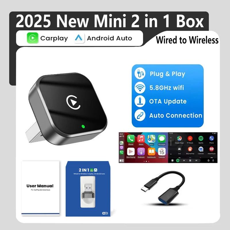 2 in 1 Car Wireless CarPlay Adapter & Android Auto Adapter Type-C/USB Fast Connection Wired to Wireless for iPhone/Android