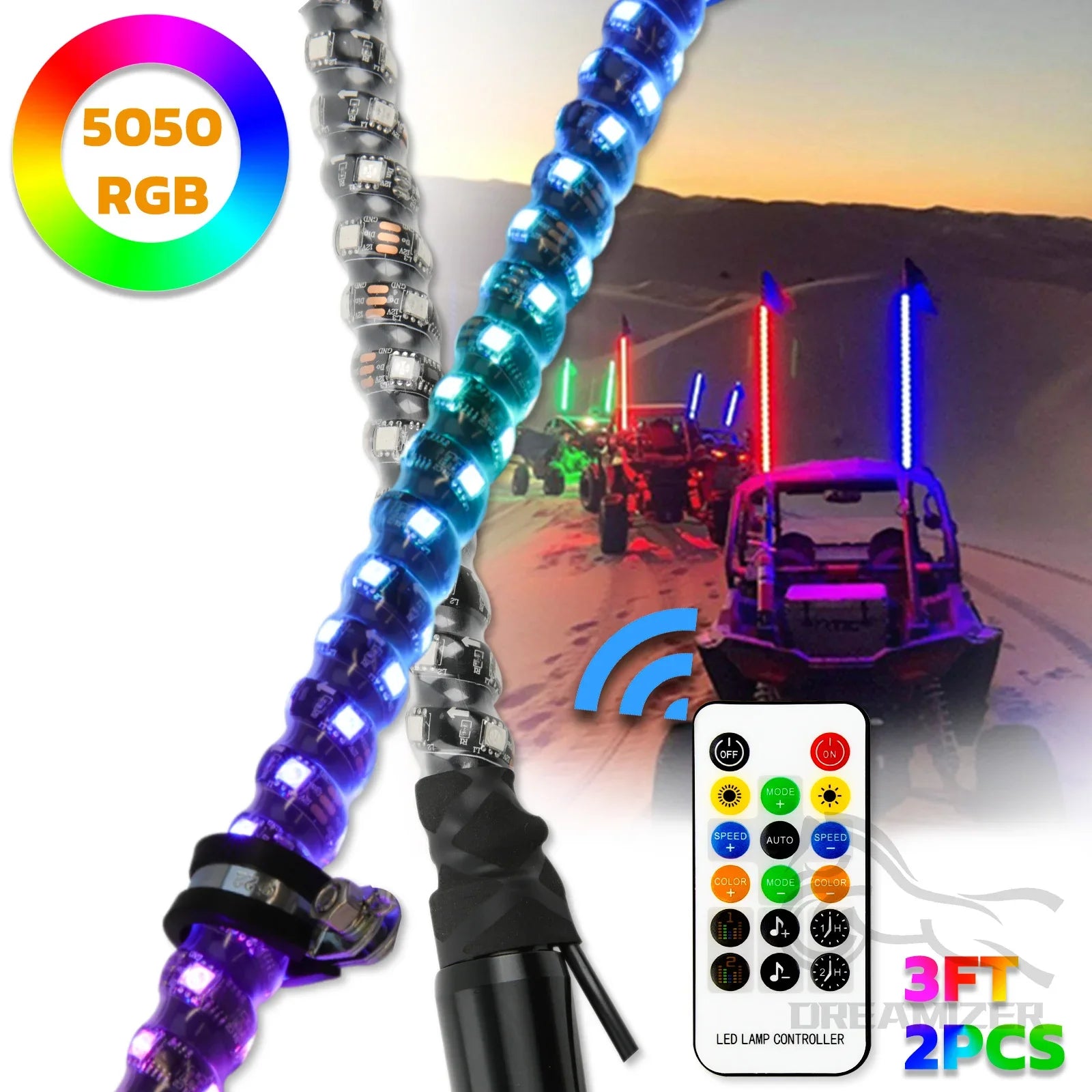 Set of 2 – 3FT/4FT LED Whip Light Antennas with Bluetooth and Remote Control, Compatible with Polaris RZR and Can-Am Maverick X3