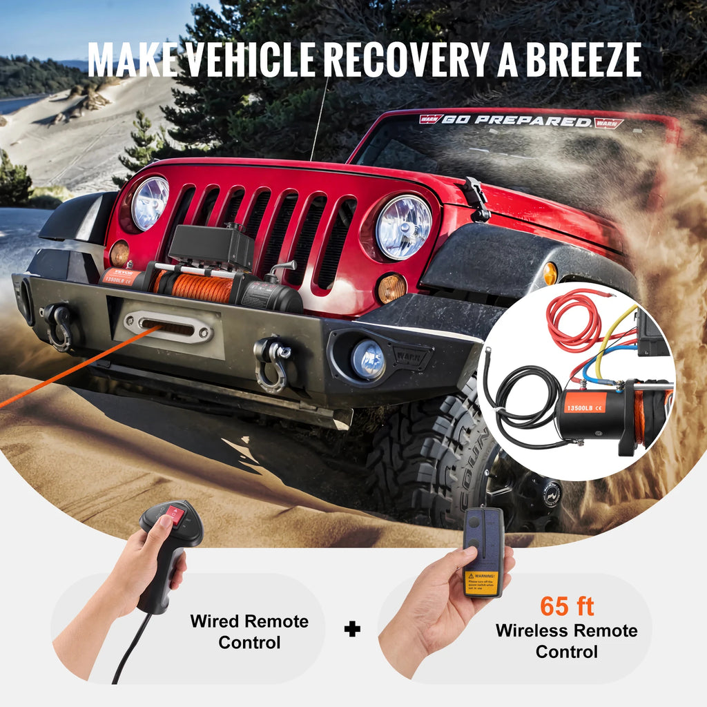 SucceBuy 13500lbs Electric Winch Car Truck Winch with 80ft Synthetic Rope Wireless&Wired Remote Control for Towing Off-Road SUV