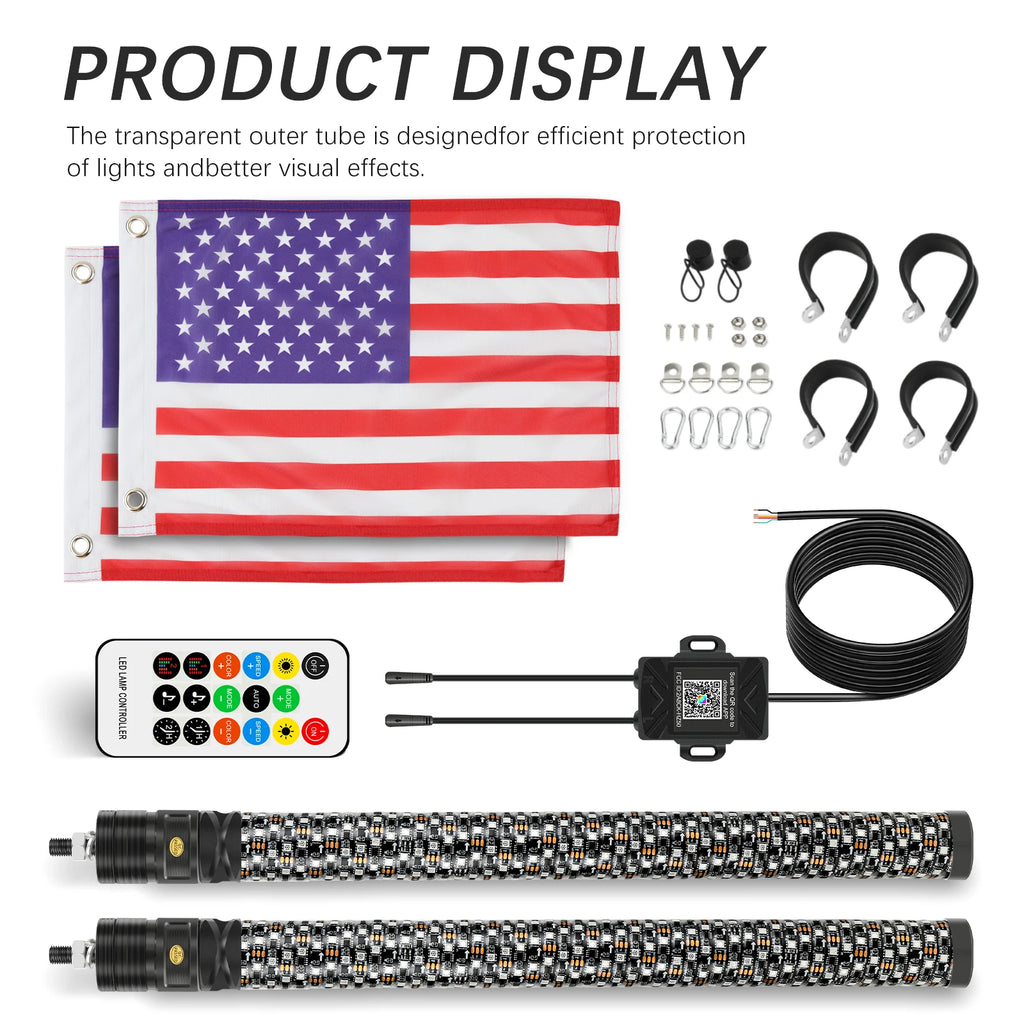 Set of 2 – 2FT Fat Colorful Spiral LED Whip Lights with Bluetooth and Remote Control, Lighted Antenna Whips for ATVs and Polaris RZR